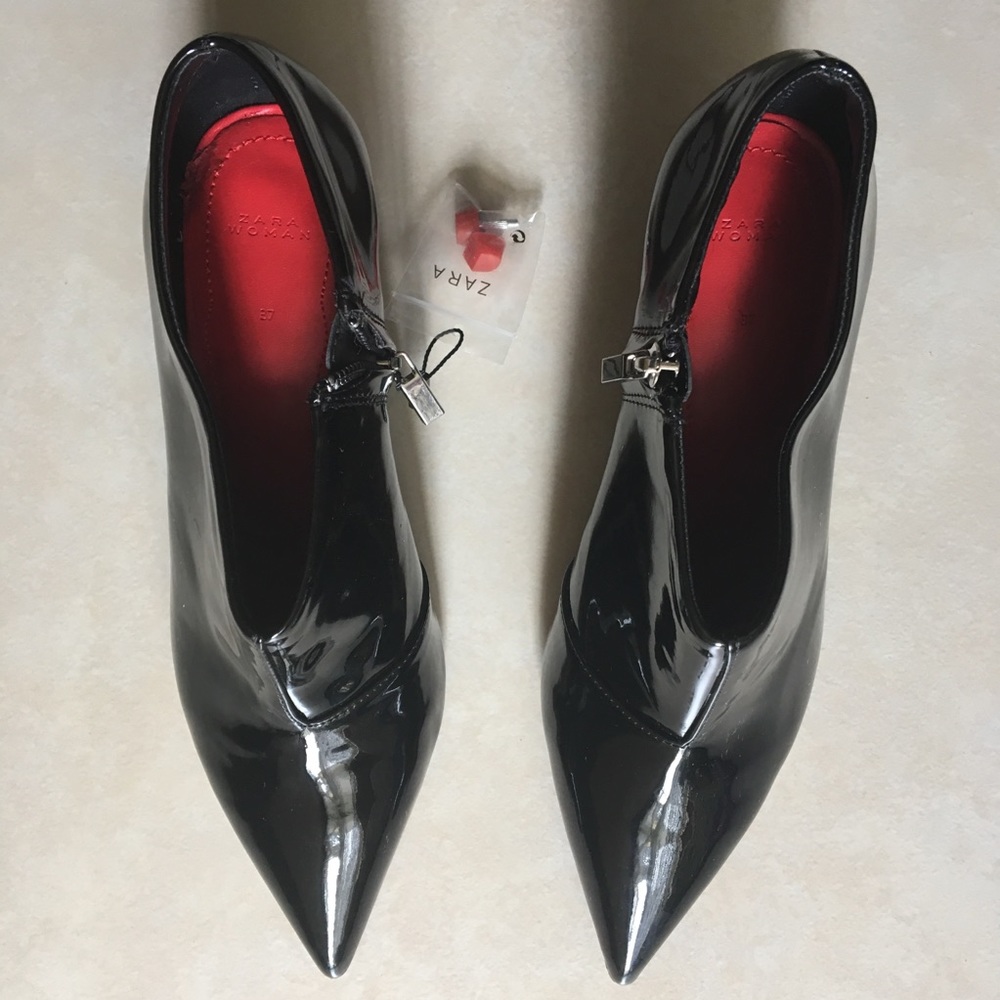 Zara Black Faux Patent Leather Ankle Boots